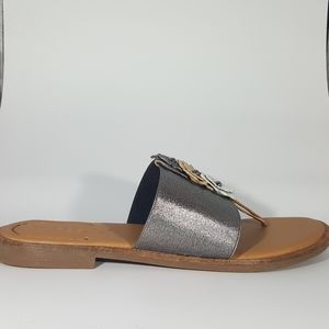 The Flexx Silver Slide Sandal with Floral Accent